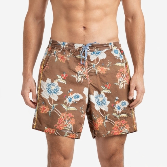 Tommy Bahama Relax Swim Trunks Mens Medium Brown Floral Board Shorts Drawstring - Picture 1 of 13